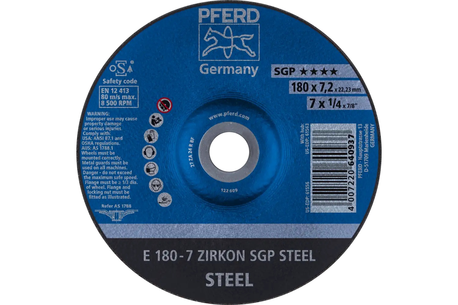 Picture of Pferd Grinding Wheel, 7" X 1/4 X 7/8, Sgp Zirkon Steel, T27, Ao, Sic